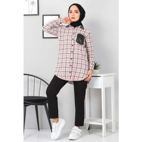 Yakası Cebi Deri Detaylı Gömlek TSD3322 Turuncu