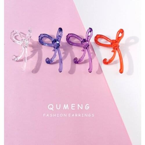 QUMENG 2020 exaggeration Korean Sweet Transparent Bowknot stud Earrings For women resin earrings Fashion Holiday Party Jewelry