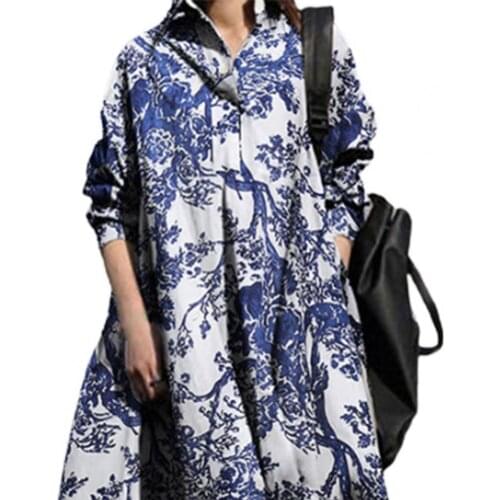 Retro Floral Printing Dress Women Long Sleeve Pockets Turn-down Collar Large Hem Loose Floor-length Party Lady Dress