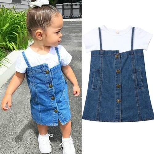 2021 Fashion Kid Baby Girls Clothes Sets Summer Short Sleeve T-Shirt and Suspender Denim Dress Overalls Toddler Outfits 1-5Y
