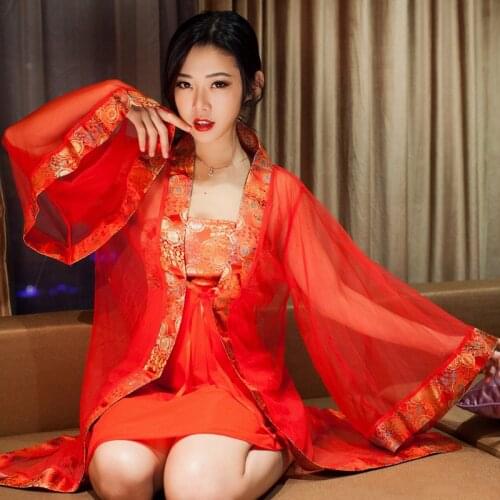 3pcs/set Chinese Style Sexy Lingerie Red Kimono Cheongsam Costumes Tang Suit Underwear Sleepwear Nightdress Sexy Cosplay Costume