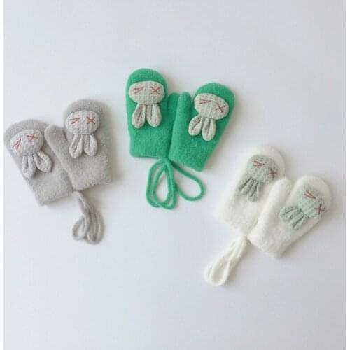 1 Pair Toddlers Thicken Plush Warm Full Finger Gloves Baby Cartoon Animal Bunny Winter Mittens with String Hand Warmer for Newbo
