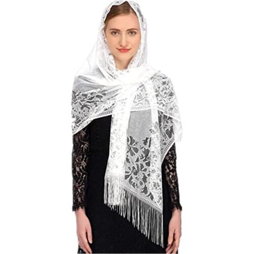 Chapel Veil Scarf Mantilla Veils Rectangular Wrap Shawl Mass Head Covering with Fringe Trim