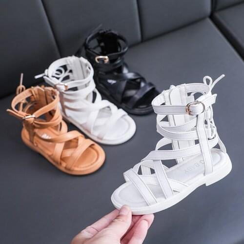 Kids Cutout Sandals Summer Girls Shoes Children Girls Roman Pu Leather Princess Rubber Zipper Beach Sandals Toddler Kids Shoe