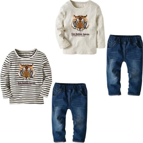 Striped T-Shirt Denim Pants Sets Clothes For Boys Autumn Spring Long Sleeved Tracksuit Clothing Suits Children 2-7 Years