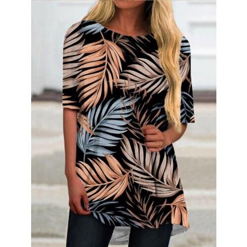 Fashionable Plus Size Leaves Print Tshirt Women Summer Loose Short Sleeve T-Shirts Leisure Oversize Womens Tee Top Wholesale