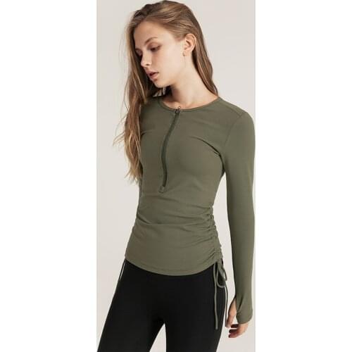 Thumbholes Long Sleeve Slim fit Yoga T-shirt Women Hem Cinch Allows Training Fitness T-shirt Top Half Zip Gym Running Clothing