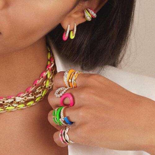 Rainbow Colorful Fashion Jewelry Gold Color Micro Pave CZ Bar Neon Enamel Oval Beads Fashion Earring