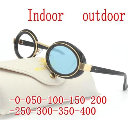 Retro Round cat Color Sun Photochromic Finished Myopia Eyeglasses Frame Men Women with color lens Sun glasses Myopia Eyewear FML