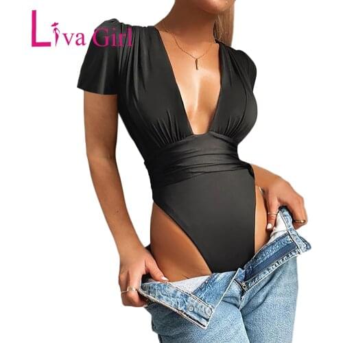 LIVA GIRL Sexy Deep V Pleated Waist Bodysuit Woman 2021 Summer Shoer Sleeve Bodycon Jumpsuit Female Black Slim Office Romper Top
