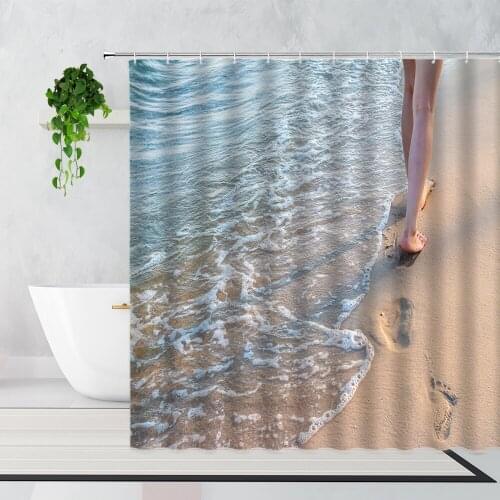 Summer Beach Scenery Shower Curtain Sea Water Footprints Palm Trees Natural Landscape Bathroom Decor Waterproof Bath Curtains
