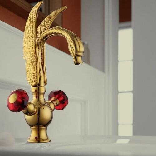 Free ship Gold finish PVD bathroom wash basin sink swan mixer faucet red crystal double handles Single hole