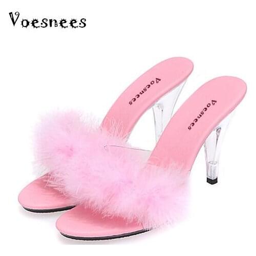 Shoe Woman Slippers 2019 Transparent Crystal Heels 10cm Waterproof Wedding Shoe Sexy Big Yards Interest maomao Slipper