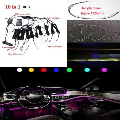 Universal 10 in 1 RGB LED Car Interior Decor Acrylic Fiber Optical Strip Light by App Control 12V Decorative Atmosphere Lamps