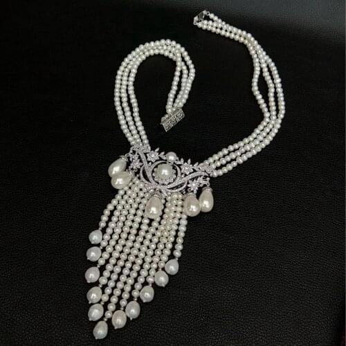 YYGEM Luxury Wedding 19" 3 Strands Cultured White Round freshwater Pearl cz pave Folower connector sea shell pearl pendant