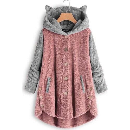 Fashion Plush Coat Women Button Hooded Jackets Autumn Winter Animal Ear Hat Coat Ladies Faux Fur Loose Splice Color Overcoat