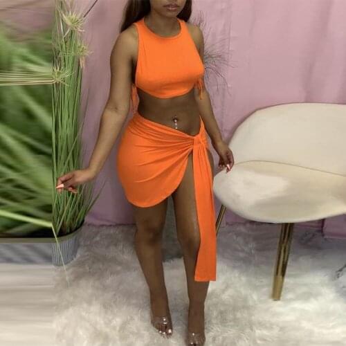 Fluorescent Green Fitness Two Piece Dress Sets Women String Sleeveless Tank Tops and Side High Split Mini Skirt Beach Outfits