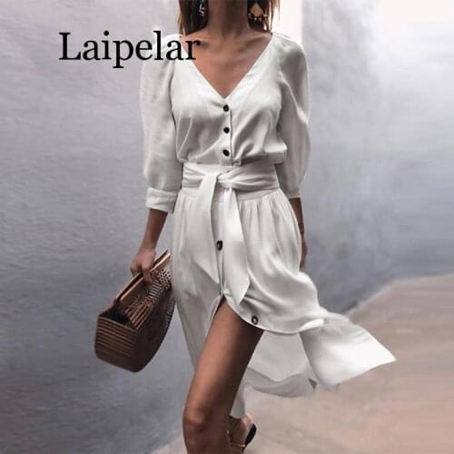 2020 Autumn Sexy Women Dress Solid Half Sleeve V-Neck Button Slim Bandage Dress Fashion Women A-Line Dress With Belt