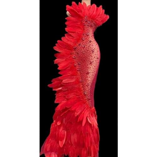 Luxury Red Crystal Feathers See Through Mesh Long Dress Women Evening Prom Wedding Bithday Party Dress Singer Sexy Stage Wear