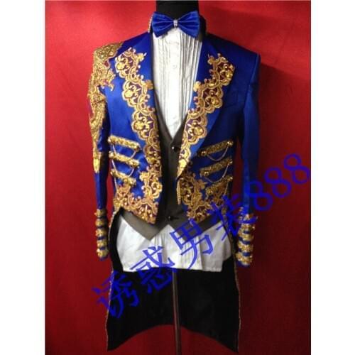 100%real luxury blue mens golden embroidery tuxedo swallowtail magician jacket/party/stage performance/this is only jacket