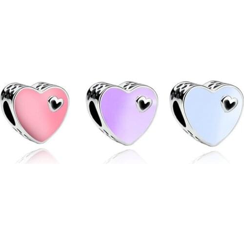 5PCS Zinc Alloy Love Bead Silver Plated Heart Shape Pink White Purple Enamel Beads Fit DIY Bracelet Jewelry Valentines Day GIFT