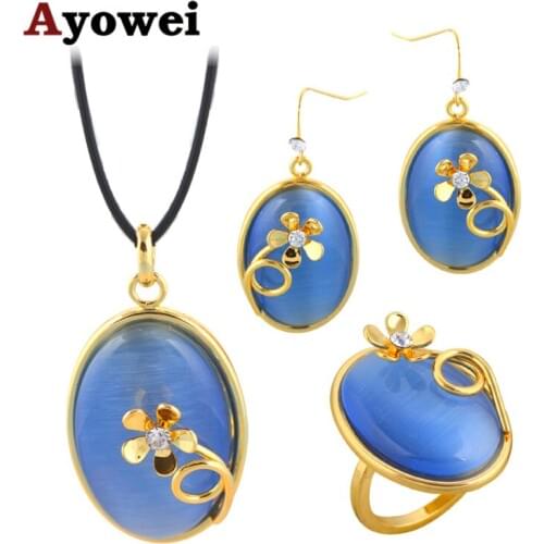 Ayowei Amazing Blue Zircon Gold color for Women Party Fashion Jewelry Sets Earrings/Pendant/Ring JS688A