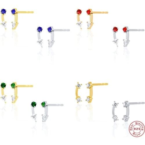BOAKO 925 Sterling Silver Colorful Zircon Stud Earrings For Women Red Blue Green Crystal Arc Line Shape Ear Stud Party Jewelry