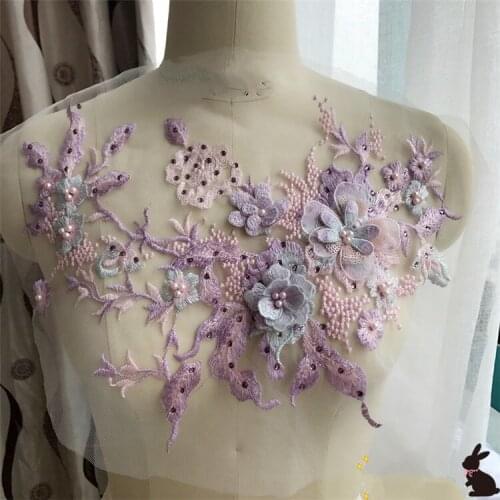 Color Beading Hot drilling organza Lace embroidery patches Sequins LACE decals flower Applique for DIY Wedding dress 1order=1pc