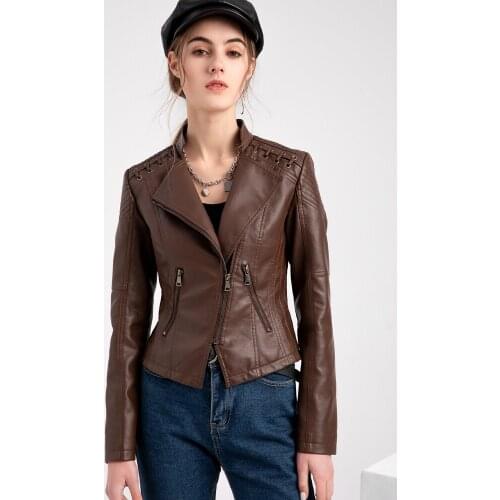 Spring And Autumn 2021 Lapel Pu Faux Leather Jacket Womens Leather Short Jacket Slim Thin Leather Jacket Ladies Motorcycle Suit
