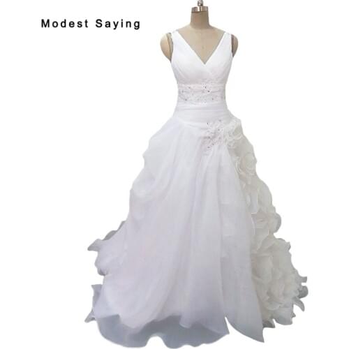 Elegant A-Line V Neck Beaded Wedding Dresses 2019 with Straps Organza Ruffled Bridal Gown Ivory Custom Made vestido de noiva
