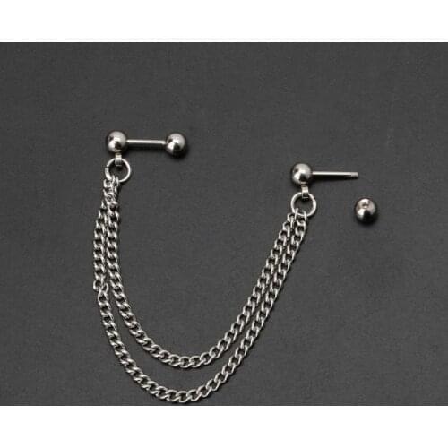 1Pc Punk Ball Stud Cartilage Ear Cuff Wrap Double Chain Piercing Earring Unisex R58E