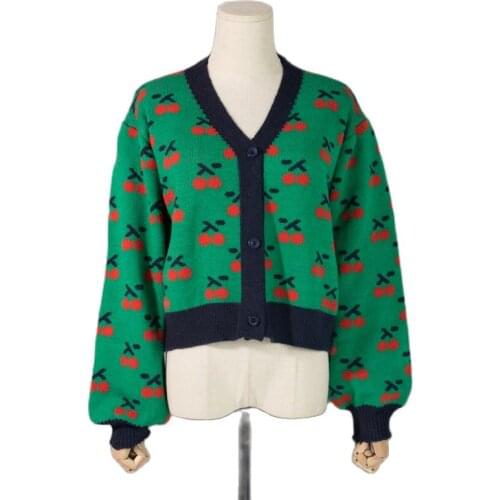 Retro knitted cardigan for fall/winter 2021 new V-neck sweater cherry sweet top Korean fashion womens clothing