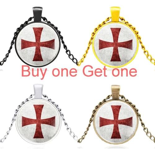 Retro Classic Knights Templar Cross Design Glass Dome Charm Necklace Men Women Vintage Pendant Jewelry Accessories Gift