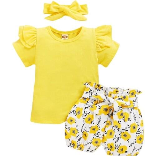 0-24M Newborn Baby Girl 3pcs Clothes Set Yellow Floral T Shirt Tops Shorts Headband Outfits Baby Girls Clothing Sets