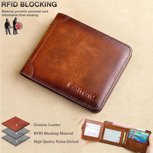 Mens RFID Blocking Genuine Leather Wallet Bifold Vintage Slim Short Multi Function Large Capacity Cow Skin Purse Money Clip