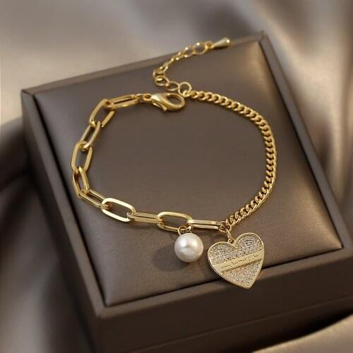 Trendy Design 14K Gold Heart Pearl Splicing Bracelet for Women Accessories Korean Fashion Jewelry Charm AAA Zircon Ins Hot