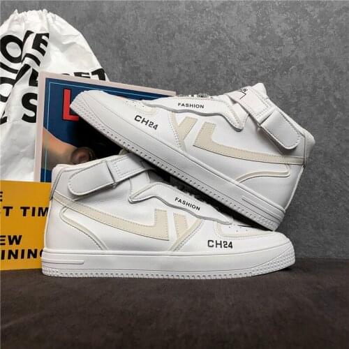 New All-match High Top Men White Leather Casual Fashion Sneakers Flats Casual Shoes Men Shoes