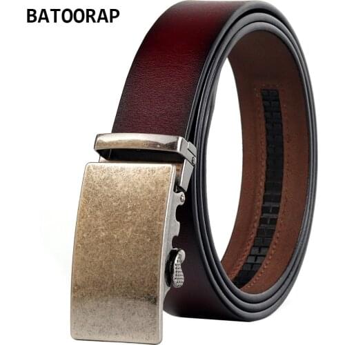 BATOORAP Mens Brand Belt Luxury Real Leather Trouser Strap Male Automatic Buckles Metal Retro Designer Belts Ratchet 43"-51"