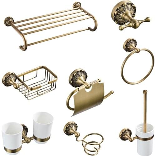 Antique Carved Bathroom Accessories Set Bathroom Hardware Brass Brushed Soap Dish Ceramic Base Paper Holder Copper Products