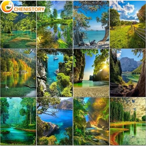 CHENISTORY Tree Landscape DIY Paint By Numbers Kit Oil Paints Canvas Painting Wall Paintings For Kids Wholesale For Handicraft