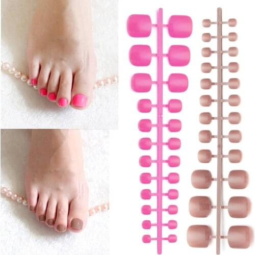 24PCS Pure Color Full Cover Toe False Nail French Short Round Head Feet Pink Fake Nails Sticker Artificial Soft Foot Nails Tips