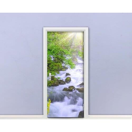 Hot Door Mural Sunshine Forest Stream Wall Door Sticker DIY Self-adhesive Waterproof Wallpaper Poste for Home Decoration Gift