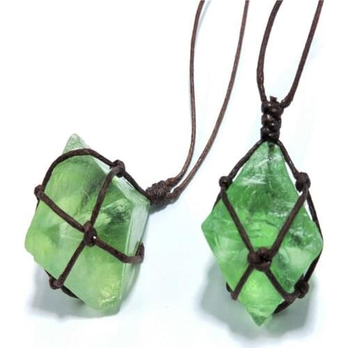 Natural Emerald Crystal Pendant Healing DT Gemstone Wand Reiki Green Fluorite Wrap Braid Necklace Yoga Macrame For Men Women