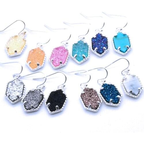 Oval Druzy Drusy Dangle Earrings Gold Color Hexagon Charms Earrings Brand Jewelry for Women girl Gift