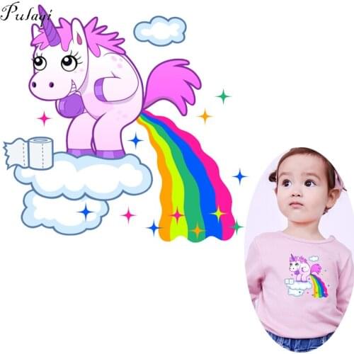 Pulaqi Cute DIY Unicorn Patches Iron On Transfers Flower Heat Thermal Transfer For T-Shirts Cartoon Animal Sticker For Kids F