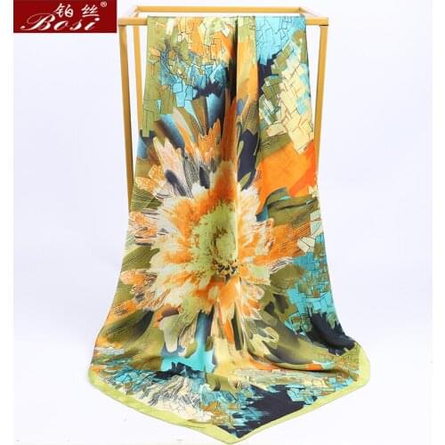BOSI SilkScarf Multicolor Retro print Silk Satin Fashion Square Scarf for Women Flowers print Shawl Luxury Brand Scarves wholesa