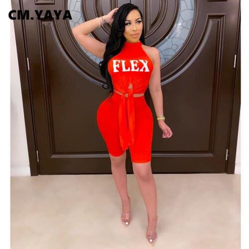 CM.YAYA Women Set Letter Print Sleeveless Long Splited Tops Strechy Shorts Two Piece Sets Active Tracksuit Sporty Summer Outfits