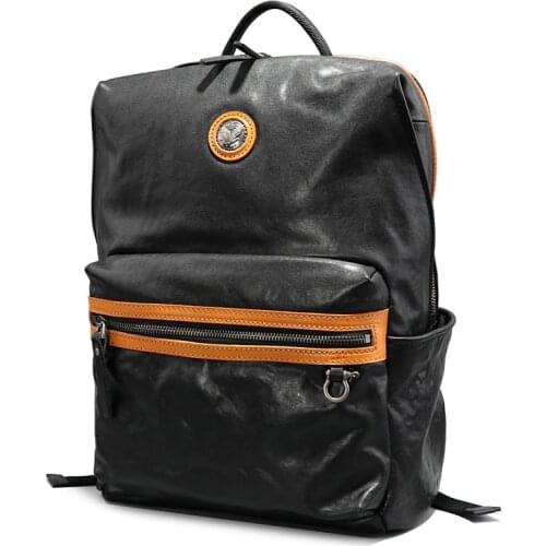 New trend laptop backpack leather retro mens backpack vegetable tanned cowhide mens bag contrast color youth casual bag