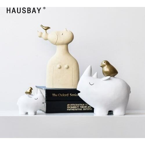 Creative Nordic Healing Fantasy Bird And Girls Sculpture Rhinoceros Statues Home Crafts Animal Models Abstract Decorations 05554