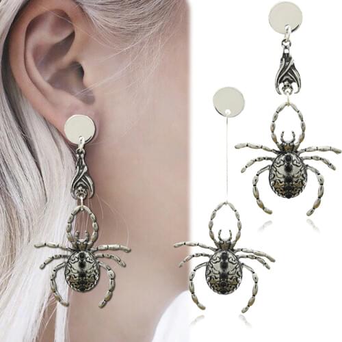 Vintage Halloween Spider Bat Dangle Studs Earrings Mismatch Silver Plated Costume Accessories Drop Goth Punk Rock Art Deco Gift